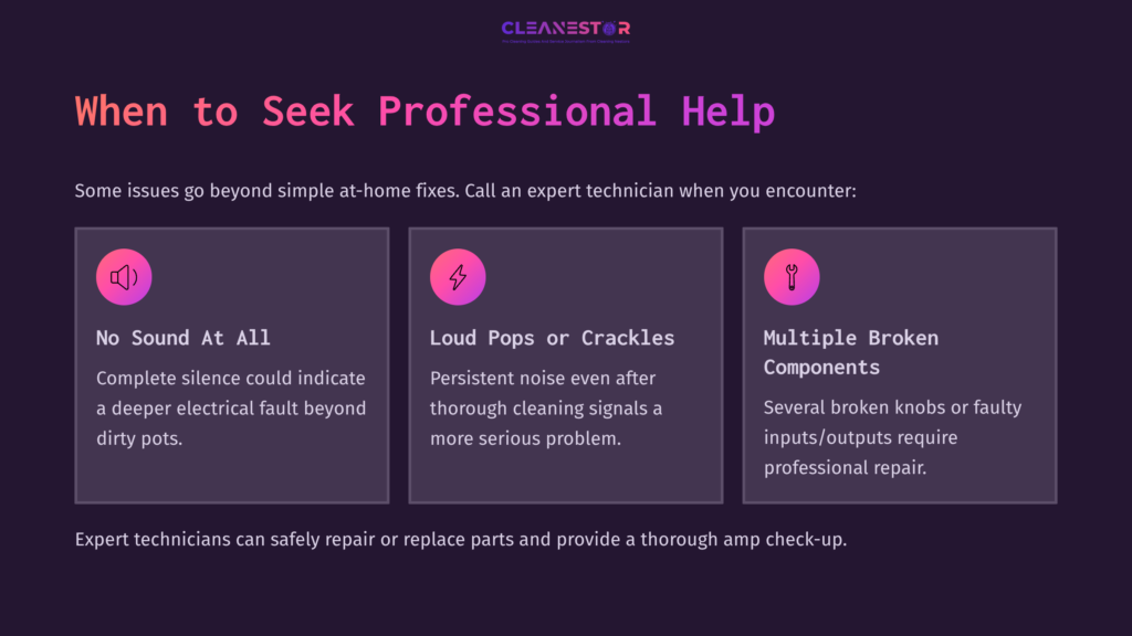 Three Panels With Purple Backgrounds. The First Panel Lists &Quot;No Sound At All,&Quot; The Second Highlights &Quot;Loud Pops Or Crackles,&Quot; And The Third Mentions &Quot;Multiple Broken Components,&Quot; All Describing When To Seek Professional Help For Amp Issues.