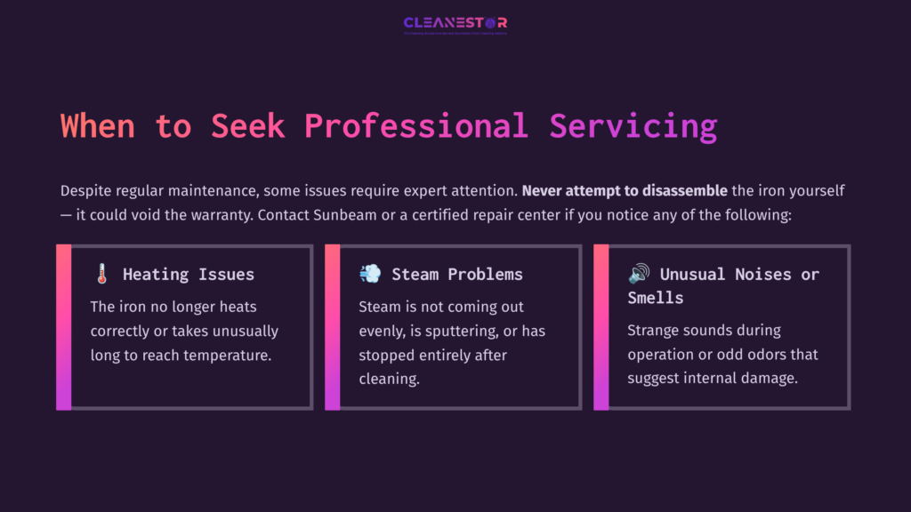 Graphic With A Dark Background. Text Boxes Highlight Issues With A Sunbeam Iron: &Quot;Heating Issues,&Quot; &Quot;Steam Problems,&Quot; And &Quot;Unusual Noises.&Quot;