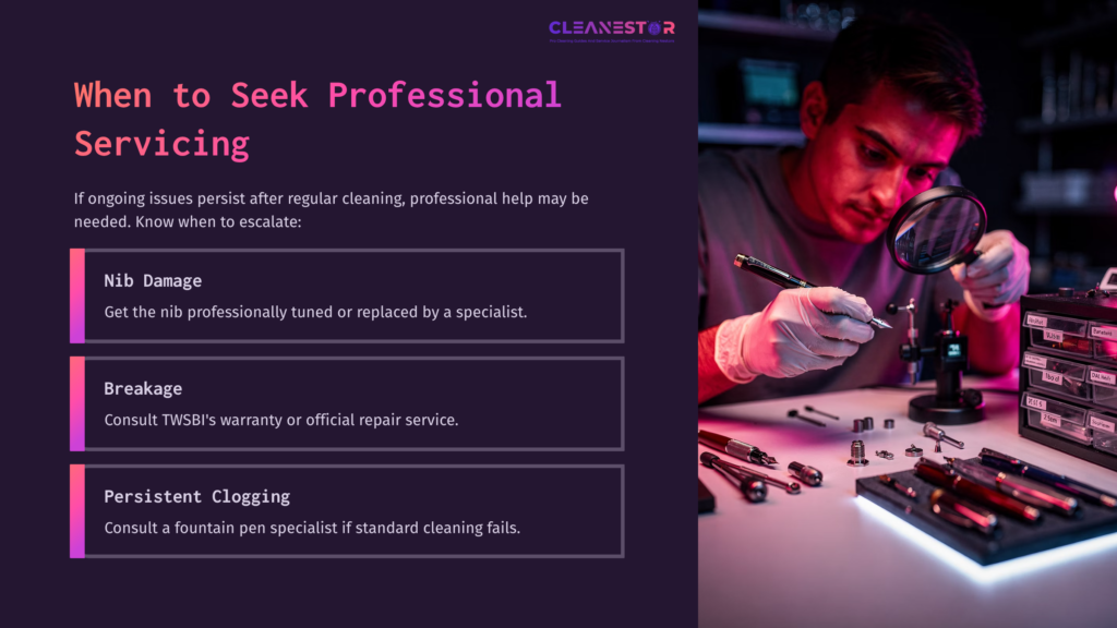 10 When To Seek Professional Servicing A Person In Gloves Examines A Fountain Pen, Surrounded By Tools And Pens, With Highlighted Text Boxes Outlining Repair Advice.