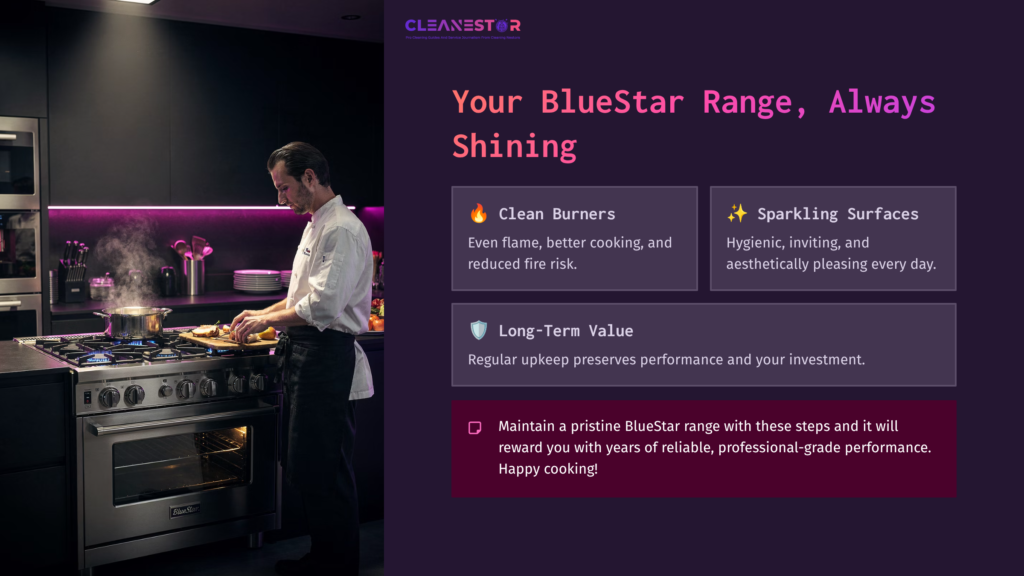 A Chef Cleans A Bluestar Range With Glowing Burners And Polished Surfaces, Highlighting A Professional Kitchen Setting And Bright Accents.