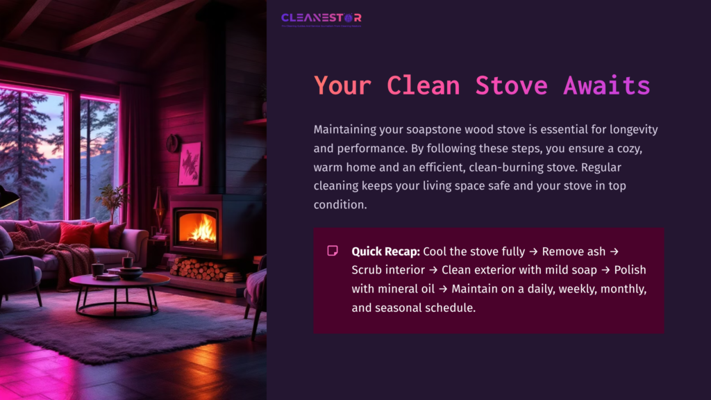 Cozy Wood Stove In A Modern Living Room, With A Glowing Fire, Purple And Blue Lighting, And A Cleaning Guide Overlay.