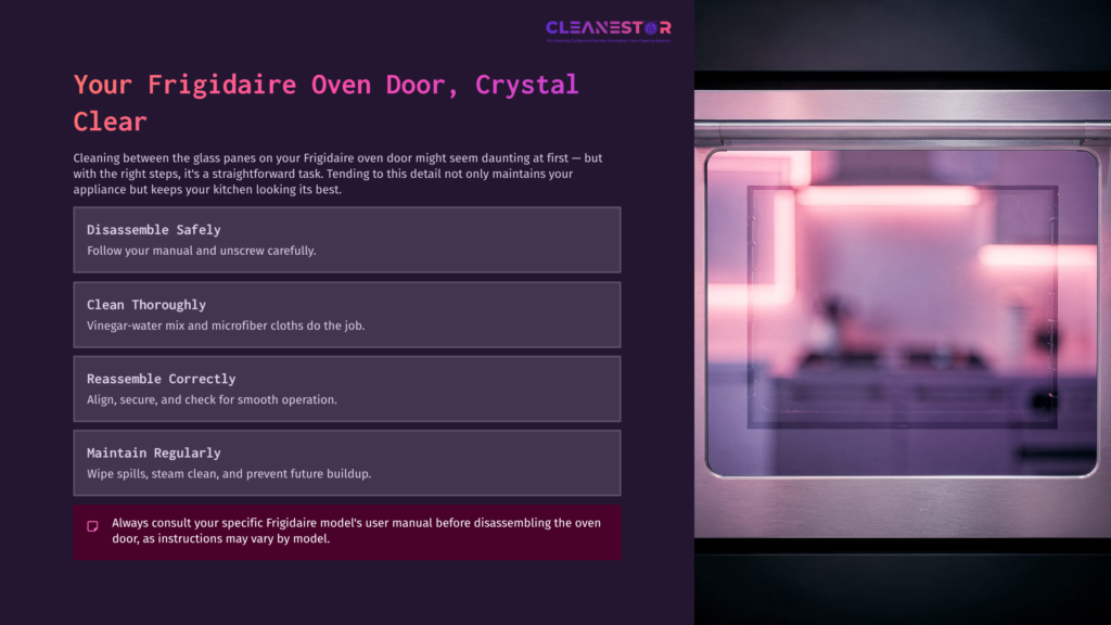 Clean Frigidaire Oven Door With Glass Panel, Surrounded By A Deep Purple Background, Showcasing A Bright, Modern Kitchen Aesthetic.