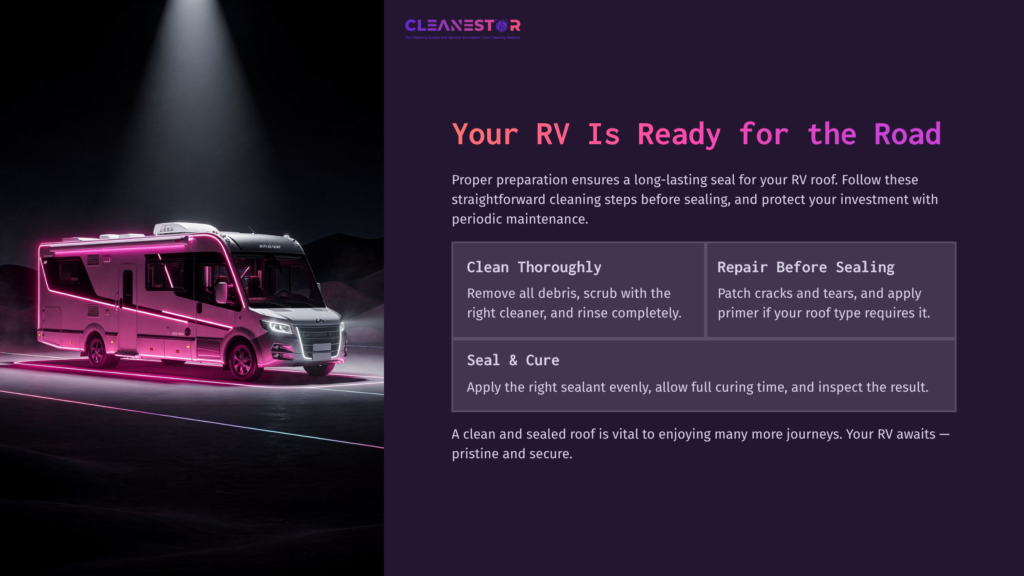 Rv With Reflective Surface Under Purple Lighting, Accompanied By A Cleaning Guide And Maintenance Tips On A Dark Background.