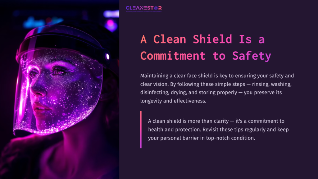 A Close-Up Of A Woman Wearing A Clear Face Shield With Pink And Purple Lighting, Highlighting The Shield'S Clarity And Safety Message.