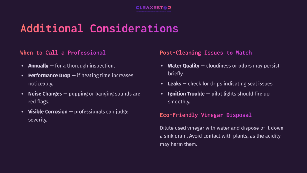 Text On A Dark Purple Background Outlines Considerations For Rv Hot Water Heater Cleaning, Focusing On Professional Advice And Eco-Friendly Disposal.