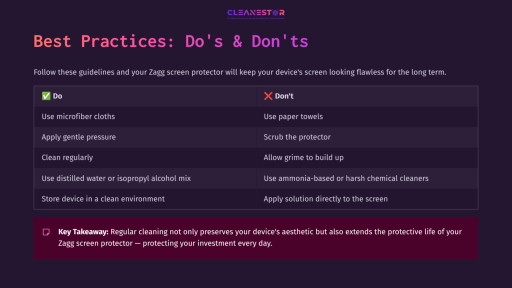 11 Best Practices Dos And Donts Table Listing Cleaning Dos And Don’ts For Zagg Screen Protectors, With Key Takeaways Highlighted In A Vibrant Color Scheme.