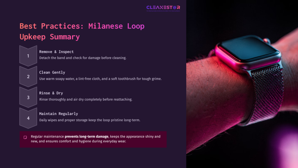 Close-Up Of A Wrist Wearing A Milanese Loop Band, Showcasing A Pinkish Hue, With A Light Cleaning Brush Nearby And Cleaning Instructions On The Side.