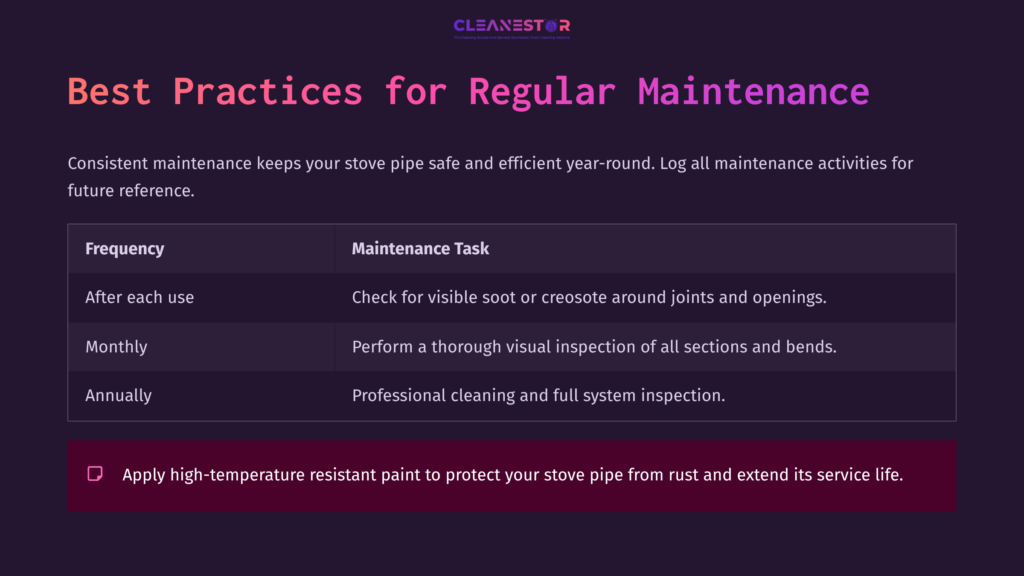Table Titled 'Best Practices For Regular Maintenance' Outlining Tasks, Frequency, And Tips For Stove Pipe Upkeep, With A Dark Background.