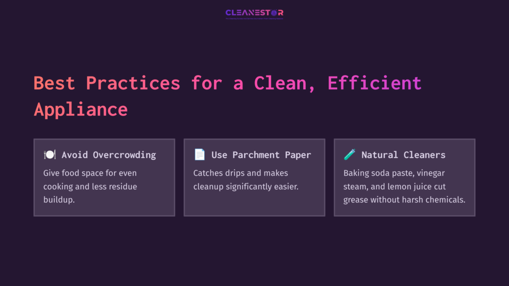 11 Best Practices For A Clean Efficient Appliance Text On A Dark Background Outlining Air Fryer Cleaning Tips: Avoid Overcrowding, Use Parchment Paper, And Natural Cleaners.