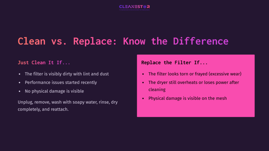 Text On A Dark Background Discusses Cleaning Vs. Replacing Hair Dryer Filters, With Pink Highlights For Emphasis And Bullet Points.