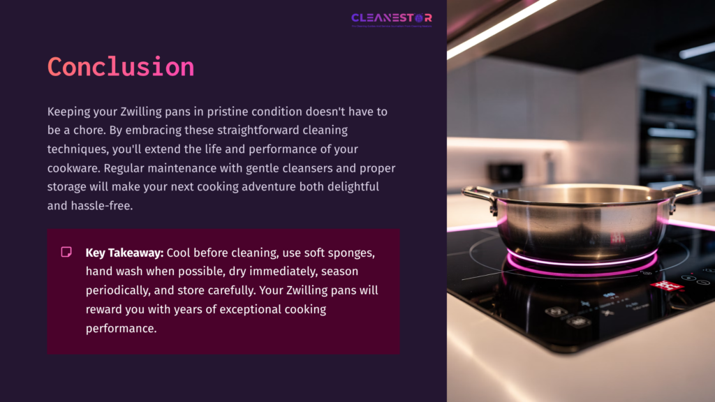 11 Conclusion Stainless Steel Zwilling Pan On A Stovetop With A Modern Kitchen Backdrop, Emphasizing Cleanliness And Maintenance Tips.