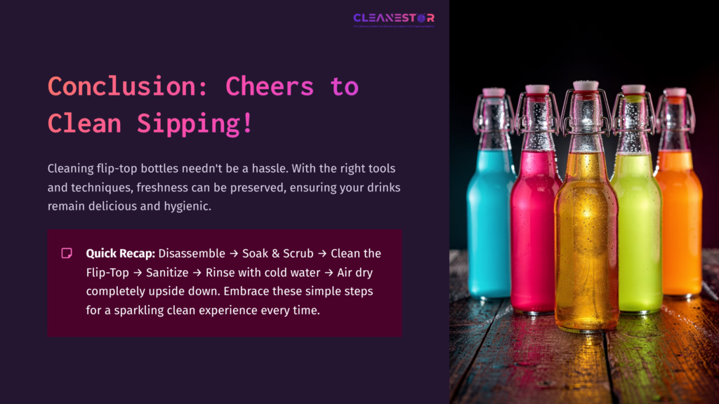 Colorful Flip-Top Bottles In Pink, Blue, And Clear, Arranged On A Wooden Surface With A Dark Purple Background.