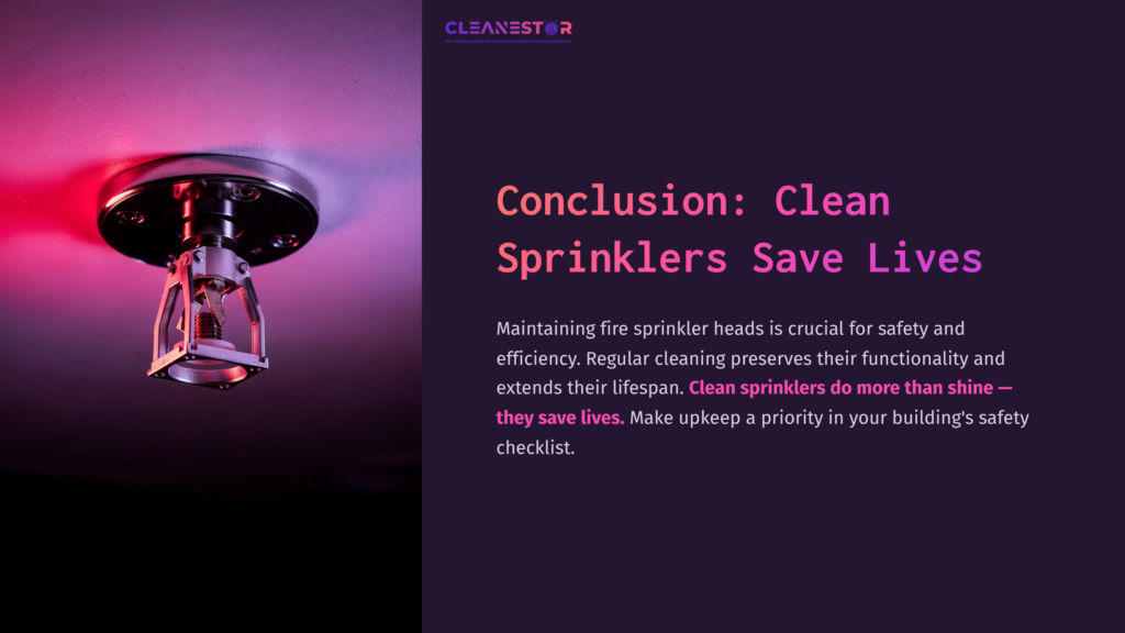A Fire Sprinkler Head Mounted On A Ceiling, Illuminated In Pink Light, With A Text Overlay Emphasizing The Importance Of Regular Cleaning For Safety.