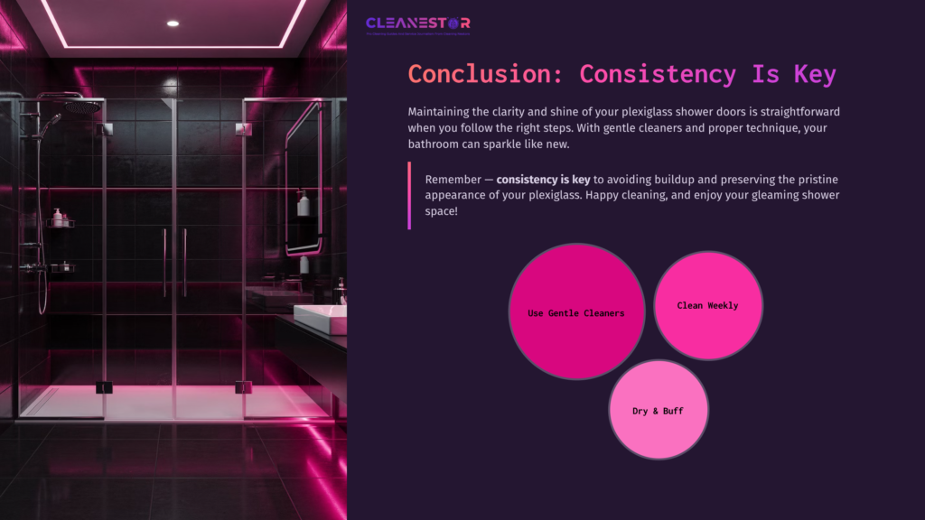 A Modern Bathroom With Black Tiles, Glowing Pink Accents, And A Clean Plexiglass Shower. Key Tips On Cleaning Are Highlighted In Circles.