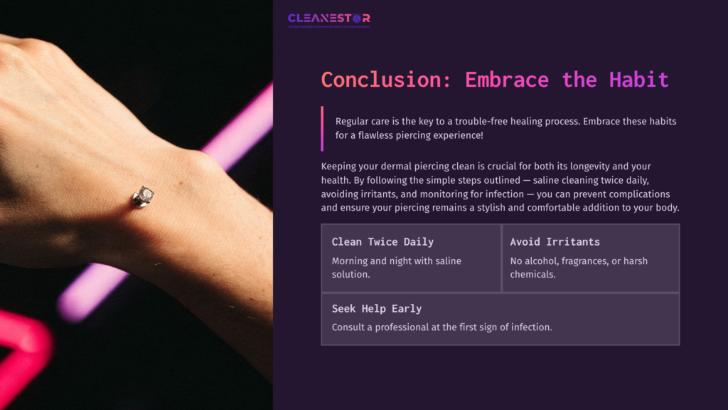 Close-Up Of A Hand With A Dermal Piercing On The Wrist. Tips For Cleaning And Caring For Piercings Are Listed In Bold Text.