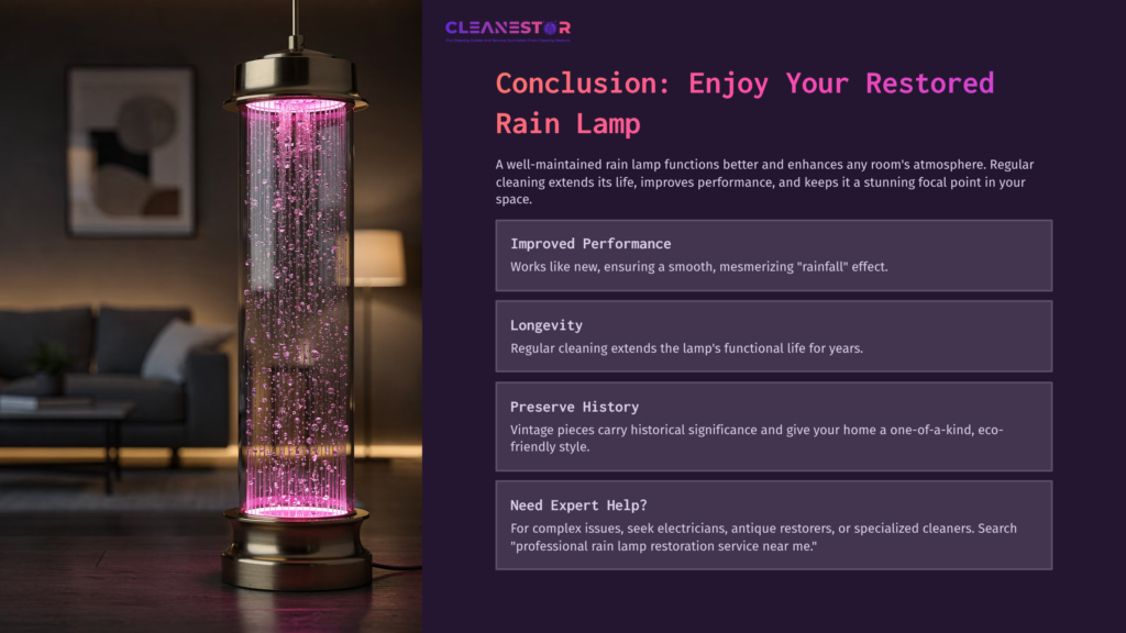 A Glowing Rain Lamp With Pink Water Droplets, Set Against A Dark Background, Accompanied By A Concluding Text Box About Maintenance And Restoration.