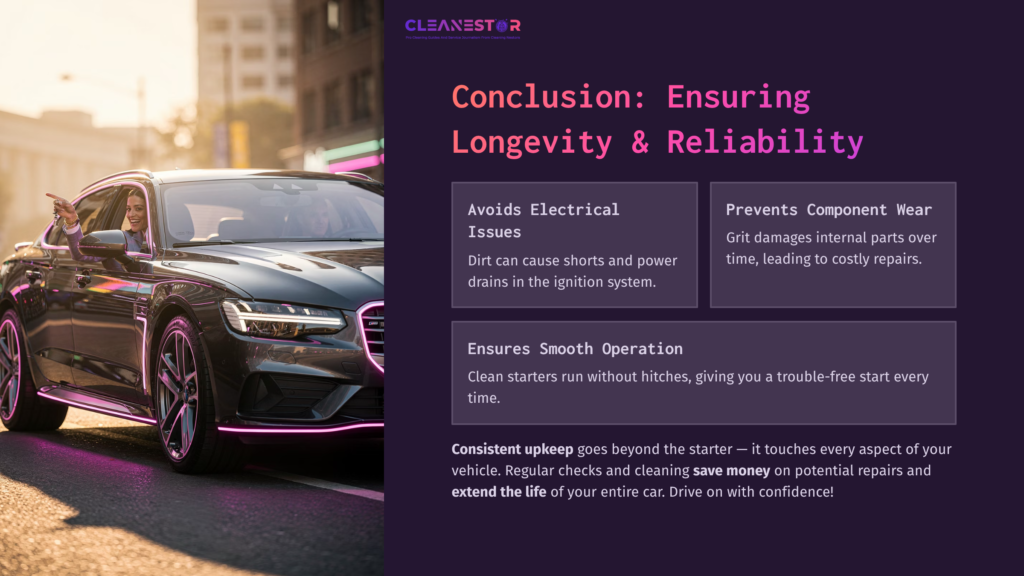 A Sleek Black Car Is Parked With Sunlight Reflecting Off Its Surface, Alongside Text Highlighting Maintenance Tips For Starters.