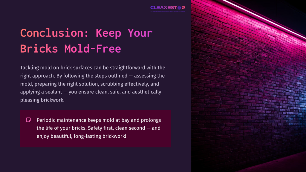 Text Against A Dark Brick Wall With A Pinkish-Purple Glow. The Message Emphasizes Keeping Bricks Mold-Free Through Proper Maintenance.