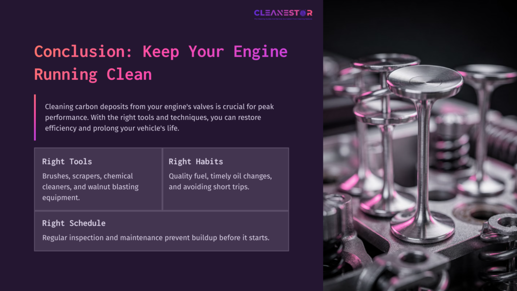 Close-Up Of Engine Valves And Pistons, With A Purple And Black Layout Detailing Tools, Habits, And Maintenance Schedules For Cleaning.