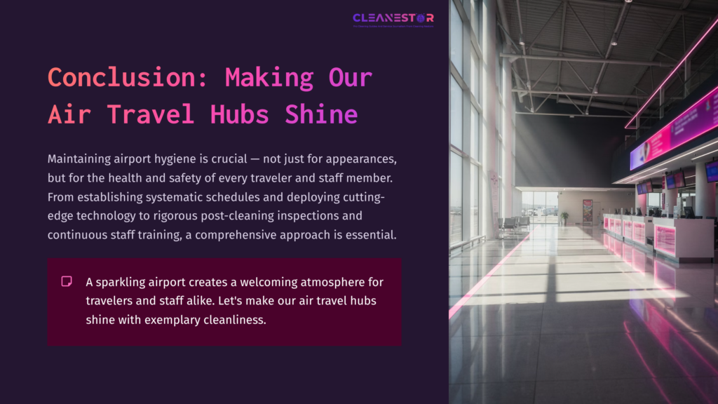 Text On A Modern Airport Background Emphasizes The Importance Of Rigorous Cleaning For Health And Safety, Featuring Vibrant Purple Accents.