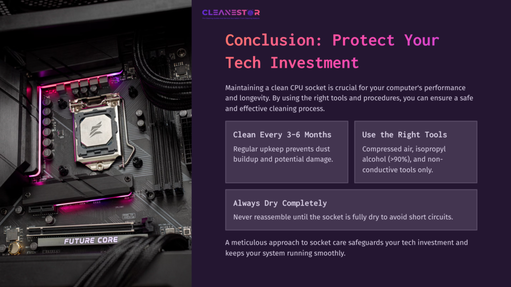 A Close-Up View Of A Cpu Socket Mounted On A Motherboard, Featuring Pink Led Lighting And Text Outlining Cleaning Tips And Advice.