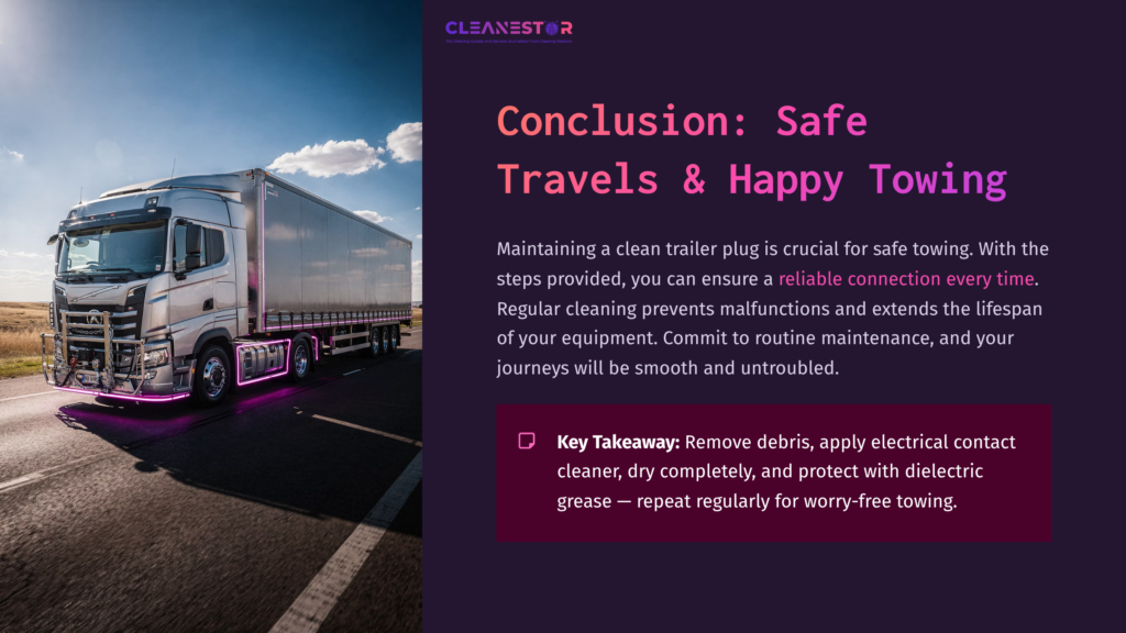 A Large Truck On A Highway With A Purple And Pink Gradient Background; Text Emphasizes Safe Towing And Maintenance Tips For Trailer Plugs.
