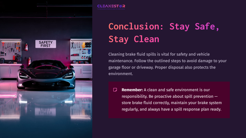 11 Conclusion Stay Safe Stay Clean A Sleek Black Car In A Garage Setting, With A Prominent &Quot;Safety First&Quot; Sign; The Text Emphasizes Safety And Cleanliness In Brake Fluid Handling.
