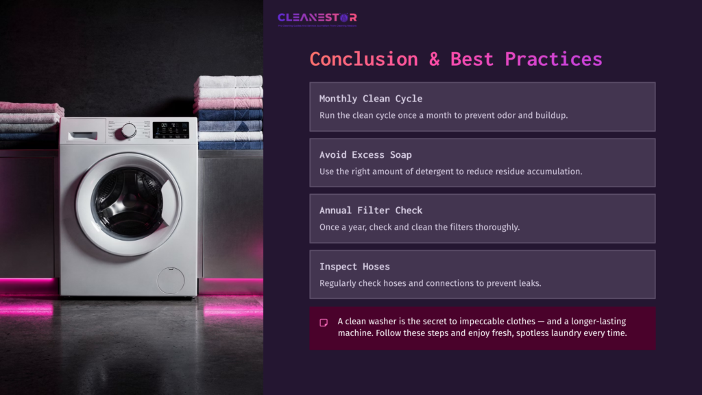 A Frigidaire Affinity Washer Beside Neatly Folded Towels, With Key Cleaning Tips Listed In White Text On A Dark Background.