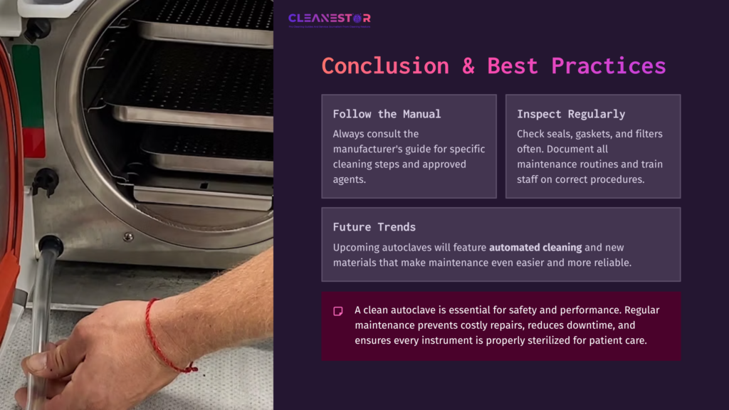 A Hand With A Red Wristband Inspects The Interior Of A Metallic Autoclave, With Maintenance Instructions Beside It On A Purple Background.