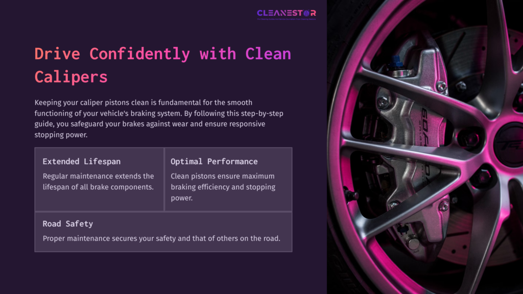 Close-Up Of A Silver Car Wheel With A Vibrant Pink Brake Caliper, Accompanied By Text About Cleaning Caliper Pistons And Performance Tips.
