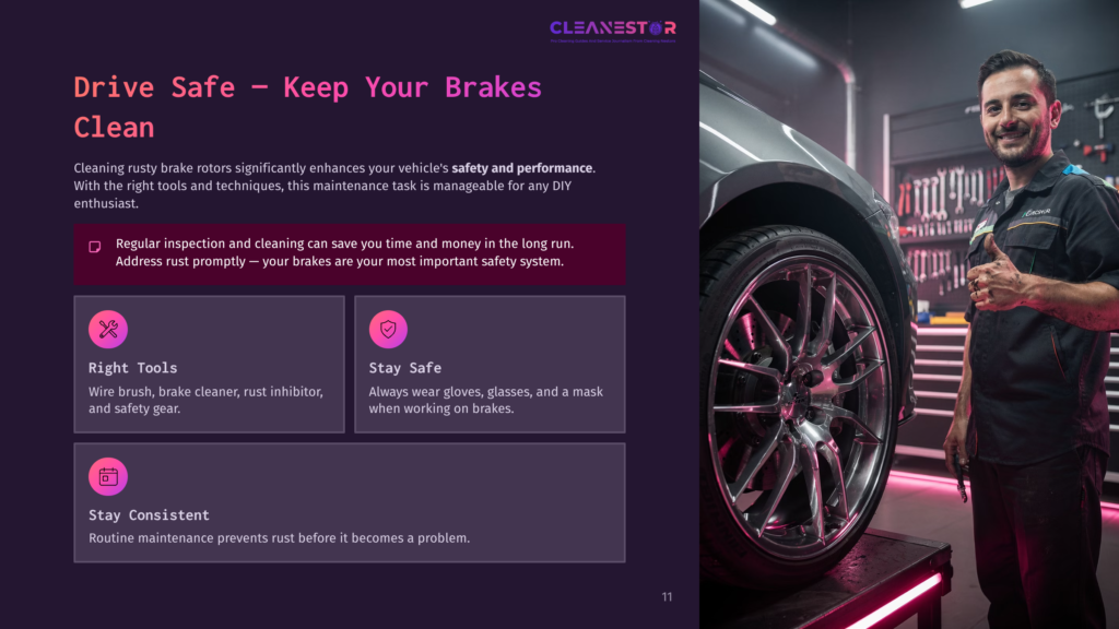 11 Drive Safe Keep Your Brakes Clean A Mechanic Holds A Tool Next To A Car With A Shiny Wheel, Featuring An Informational Layout About Brake Maintenance And Safety Tips.