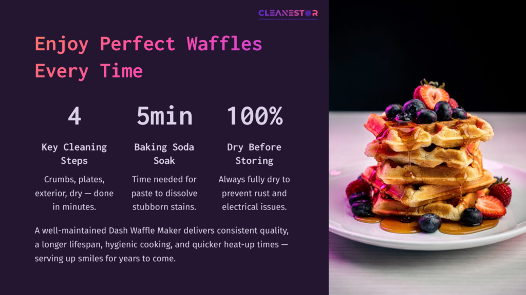 Waffle Maker On A Purple Background With Stacked Waffles Topped With Berries And A Note On Cleaning Steps, Baking Soda Soak, And Drying.