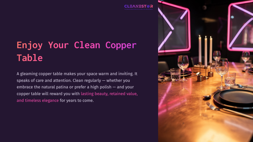 A Polished Copper Table Set For Dining, Featuring Glasses, Plates, And Candles, With A Vibrant Neon Backdrop.