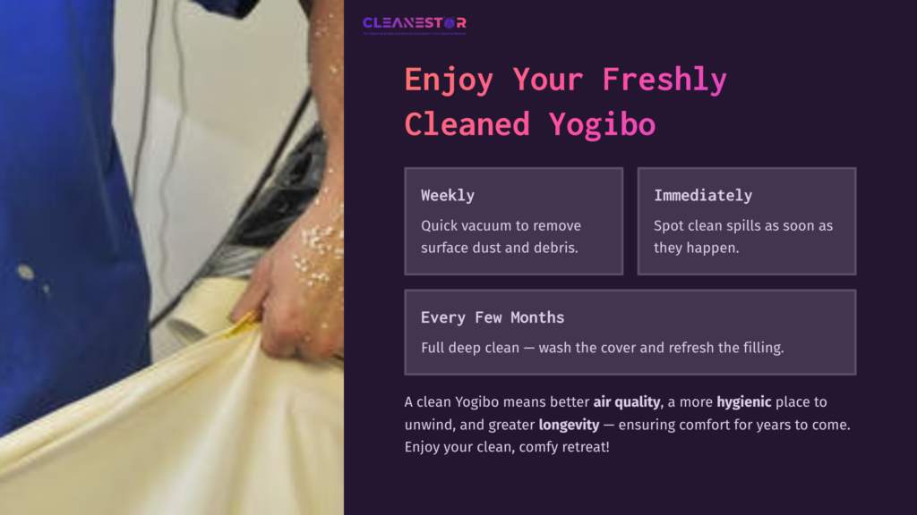 A Person Gently Cleaning A Yogibo With A Beige Cover, Highlighting Maintenance Tips In Bold Text On A Dark Background.