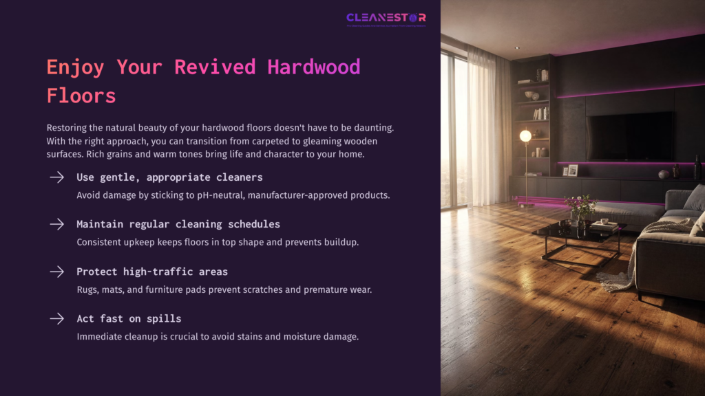 A Well-Lit Room With Polished Hardwood Floors, Modern Furniture, And A Purple Accent Wall, Showcasing A Clean Living Space.