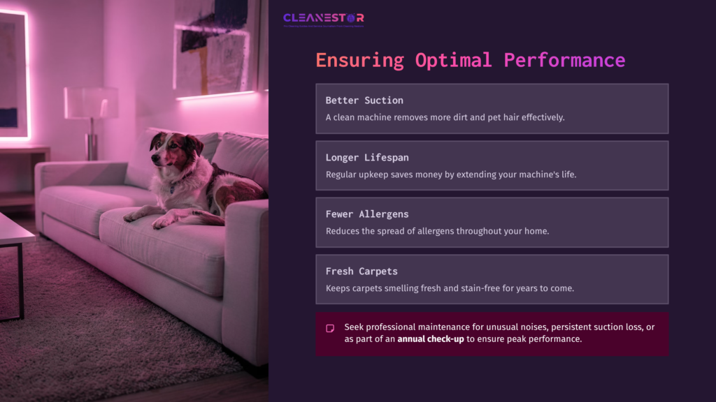 A Dog Relaxes On A Light-Colored Sofa In A Softly Lit Room With Pink Accents, Alongside A List Of Hoover Maintenance Tips On The Right.