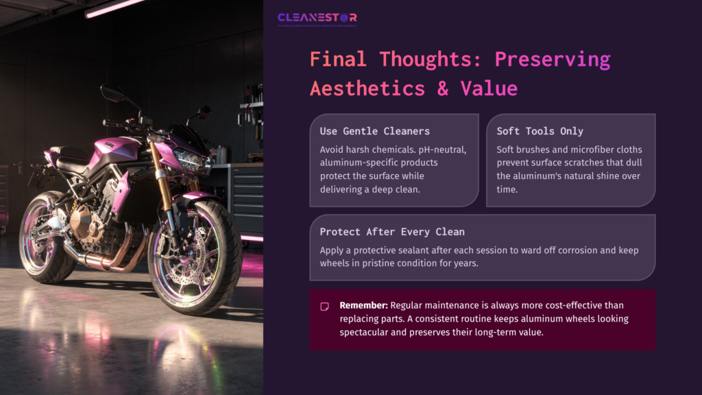 11 Final Thoughts Preserving Aesthetics And Value A Purple Motorcycle In A Well-Lit Garage, Surrounded By Cleaning Tools And Maintenance Tips For Aluminum Wheels.
