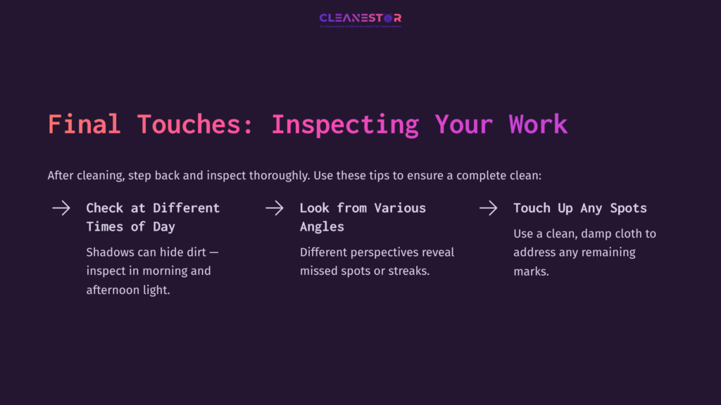 Final Touches Checklist For Cleaning Hardie Board, Featuring Tips On Inspection From Different Angles And Using A Cleaning Cloth.