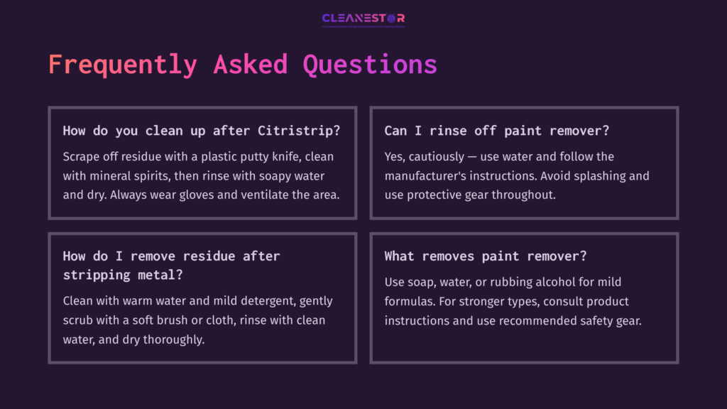 Four Boxed Questions With White Text On A Dark Purple Background, Providing Tips On Cleaning After Using Paint Stripper.