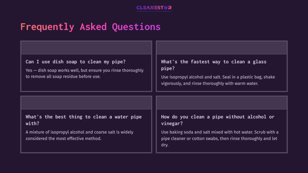 Four Rectangular Sections On A Dark Background, Each Containing A Question And Answer About Cleaning Pipes, Highlighted In Contrasting Colors.