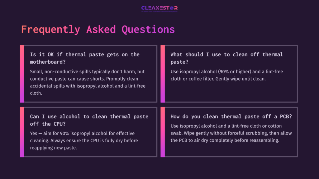 Four Rectangular Sections With A Dark Purple Background, Featuring White Text Answering Faqs About Cleaning Thermal Paste From A Motherboard And Cpu.