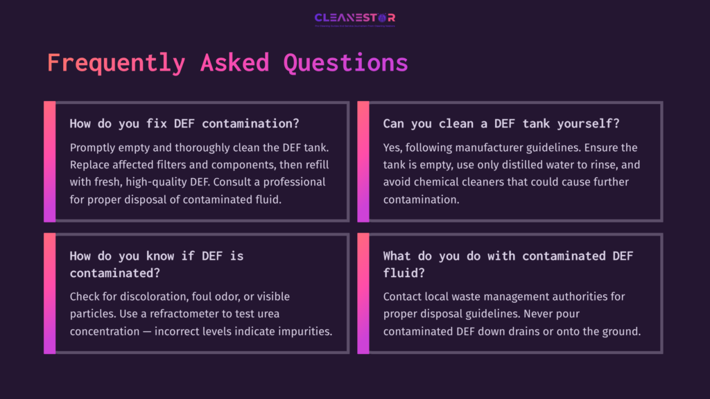 11 Frequently Asked Questions 13 Four Colorful Boxes Containing Frequently Asked Questions About Def Tank Cleaning, With Text In White And Pink On A Dark Background.