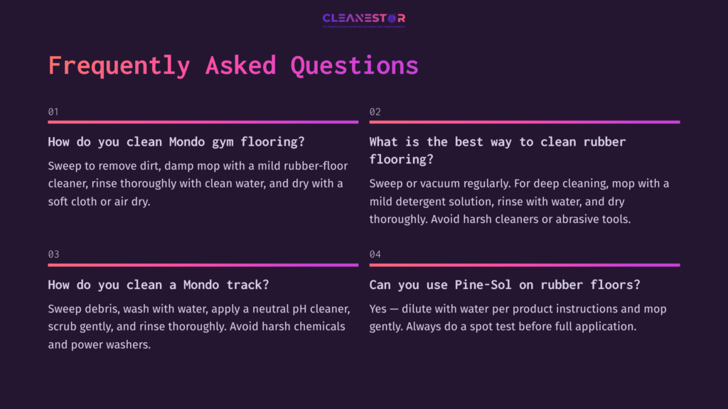 Four Sections Of Text On A Dark Background, Answering Faqs About Cleaning Mondo Flooring, With Bold Headings And Numbered Points.