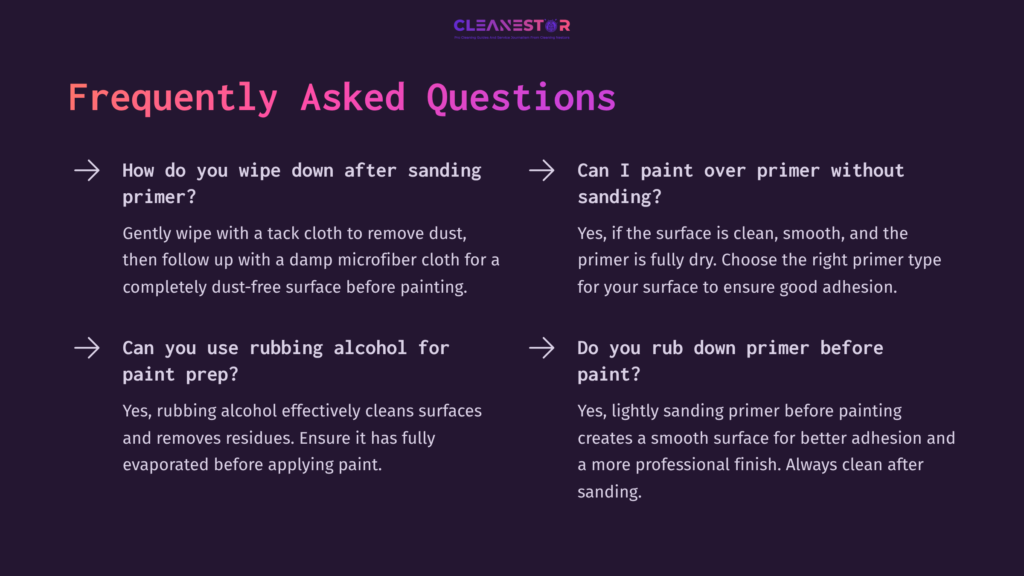 Text On A Dark Background With White And Purple Accents. Includes Questions About Cleaning Primer And Painting Techniques, Arranged Clearly.