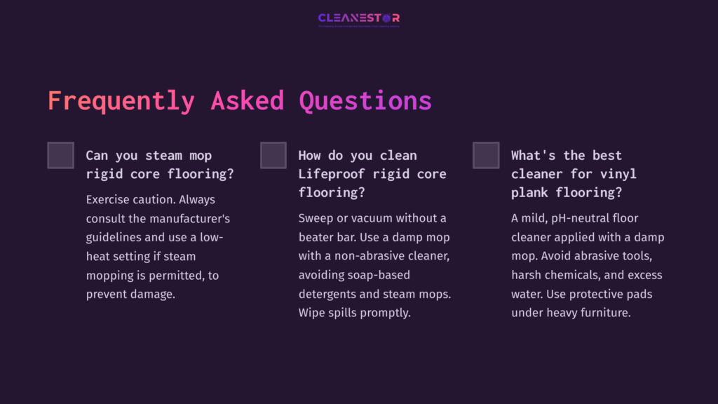 Text Blocks With A Dark Purple Background, Featuring Various Cleaning Questions And Answers, Highlighted In White And Light Blue.