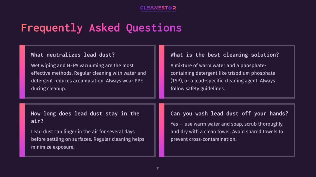 Four Text Boxes On A Dark Background, Featuring White And Purple Font. The Content Addresses Lead Dust, Cleaning Methods, And Safety Tips.