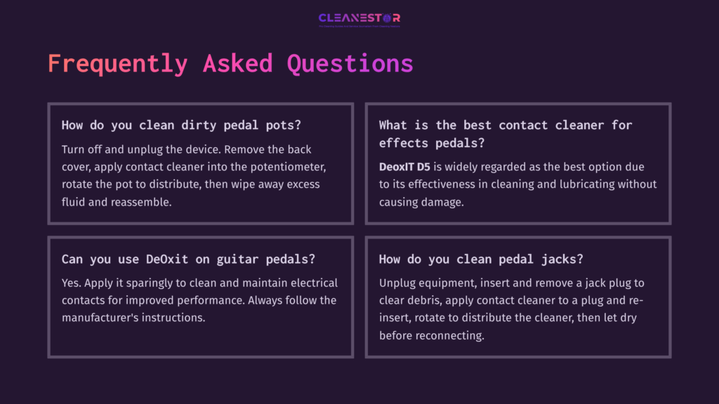 Four Sections Of Text With Questions And Answers About Cleaning Guitar Pedals, Set Against A Dark Purple Background With White And Pink Text.