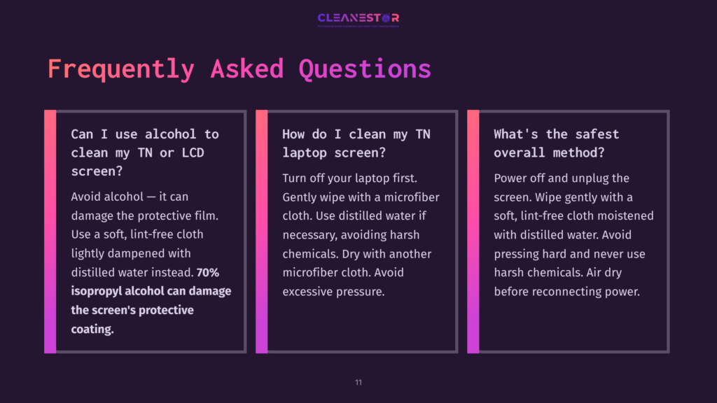 Three Text Boxes With Questions About Cleaning Tn Or Lcd Screens, Featuring A Purple Background And White Text Highlighting Tips And Precautions.