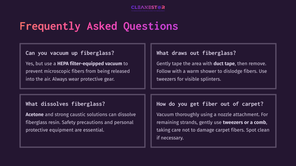 Four Faqs On Cleaning Fiberglass From Carpet: Methods, Precautions, And Tools, Arranged In A Grid Format With A Purple Background.