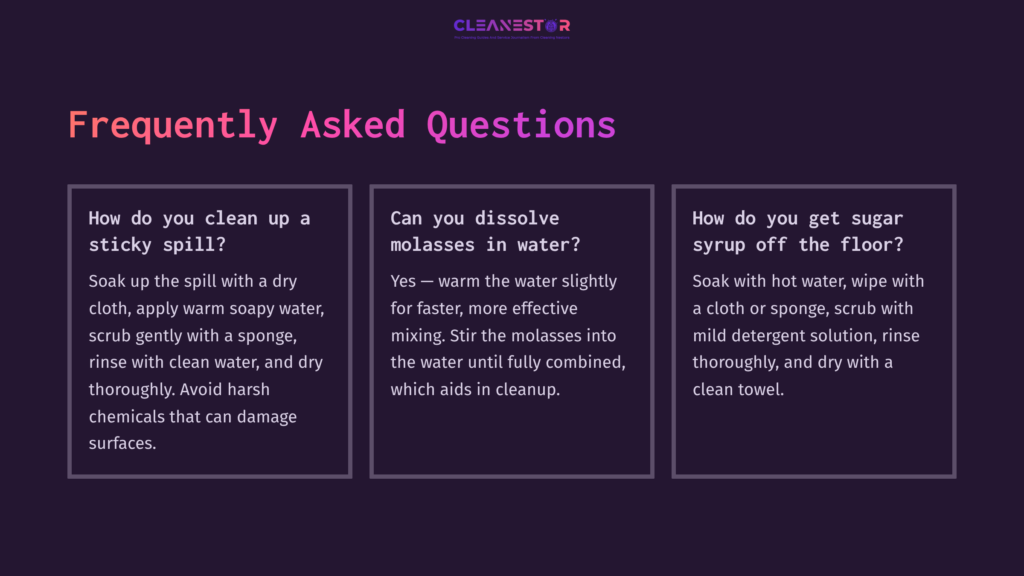 Three Faq Boxes On A Deep Purple Background, Featuring White Text. The Boxes Include Tips For Cleaning Molasses And Dissolving It In Water.